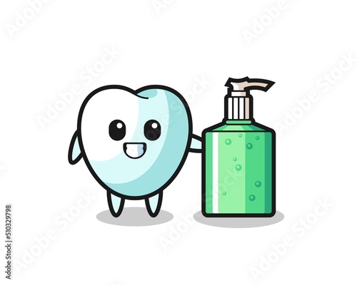 cute tooth cartoon with hand sanitizer