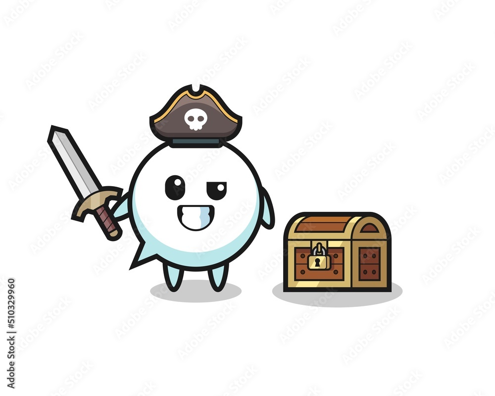 the speech bubble pirate character holding sword beside a treasure box