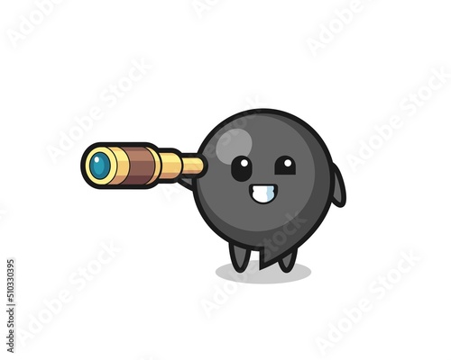 cute comma symbol character is holding an old telescope
