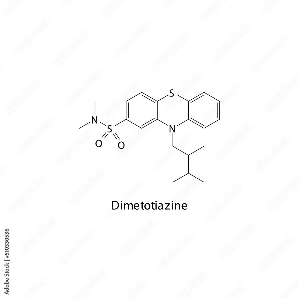 Dimetotiazine molecule flat skeletal structure, Phenothiazine Serotonin antagonist class drug used to treat migraine. Vector illustration.