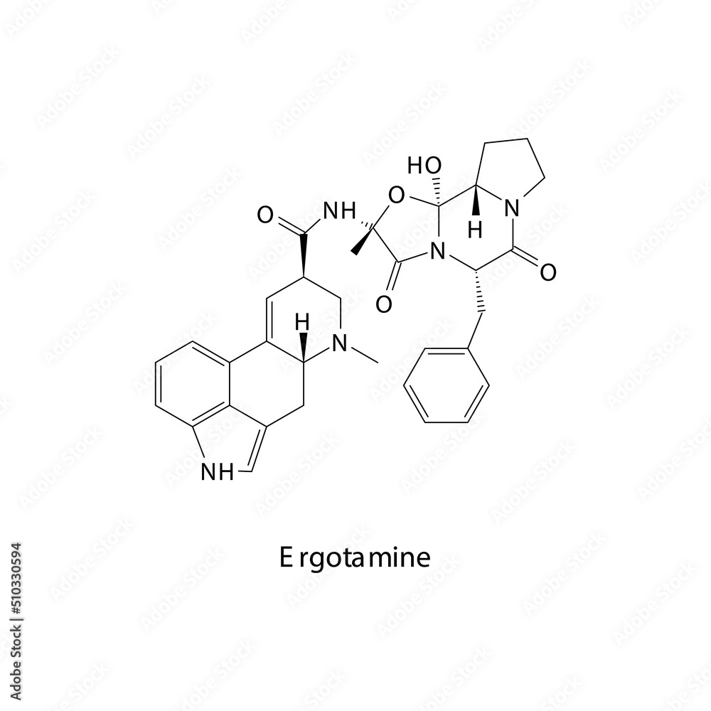 Ergotamine molecule flat skeletal structure, Ergot class drug used to treat migraine. Vector illustration.