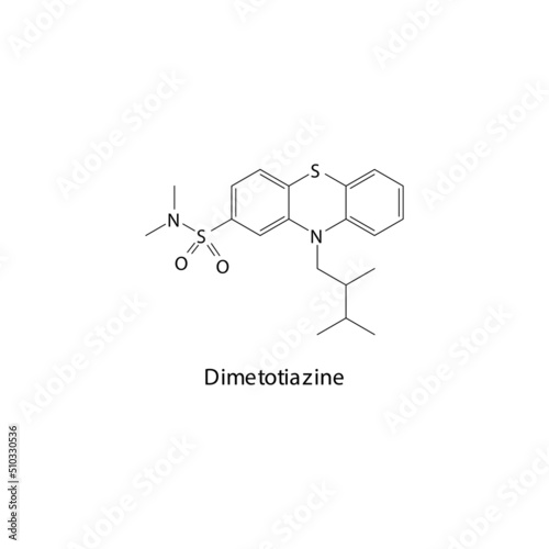 Dimetotiazine molecule flat skeletal structure, Phenothiazine Serotonin antagonist class drug used to treat migraine. Vector illustration. photo