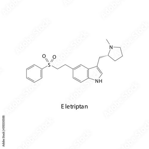 Eletriptan molecule flat skeletal structure, Triptan class drug used to treat migraine. Vector illustration.