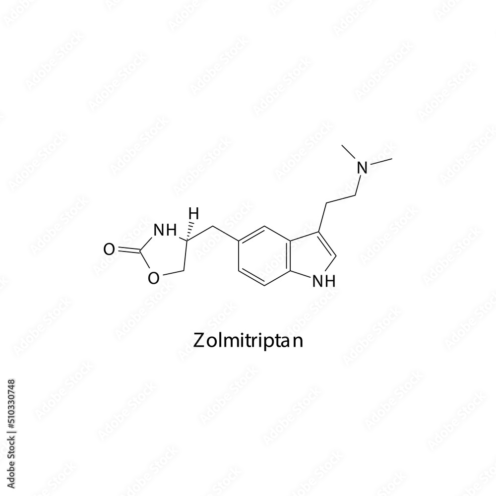 Obraz premium Zolmitriptan molecule flat skeletal structure, Triptan class drug used to treat migraine. Vector illustration.