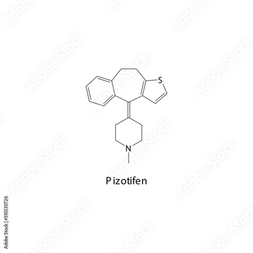Pizotifen molecule flat skeletal structure, Benzocycloheptene Serotonin antagonist class drug used to treat migraine. Vector illustration. photo