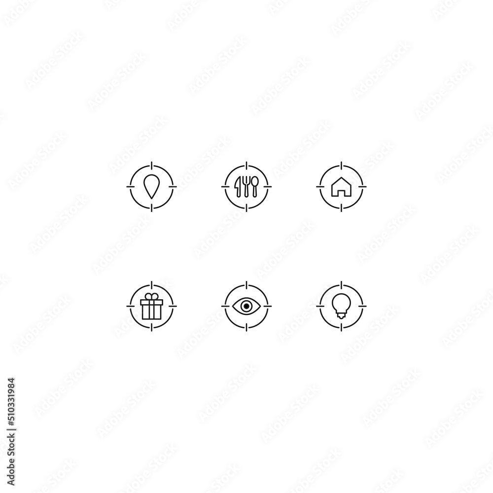 Line icon set with monochrome signs suitable for adverts, shops, stores, apps. Geo sign, knife, fork, house, giftbox, eye, light bulb inside target