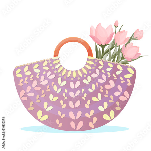 Handbag with a bouquet of pink wild flowers. Women's beach bag with flowers vector illustration. Straw summer tote isolated on white background. 