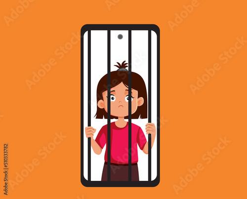 
Unhappy Child Addicted to Internet and Smartphone Vector Cartoon. Unhappy girl suffering from fear of missing out
