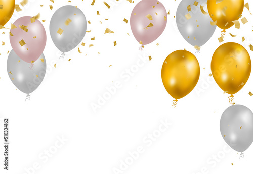 Design gold colors and white with realistic flying helium balloons. Celebration, festival background, greeting banner, card, poster.