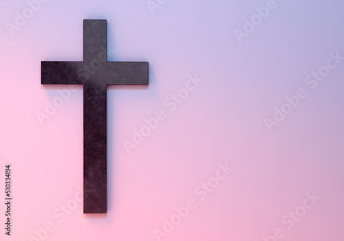 Christian crucifix. Catholic cross. Marble cross on wall. Religious perception. Place for inscription. Christian denomination. Copy space. Catholic religious cross on pink. 3d rendering.