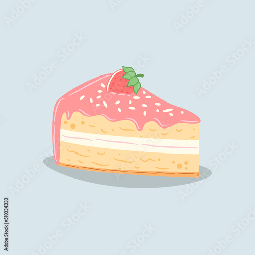 Strawberry cake slice drawing on pastel blue background.