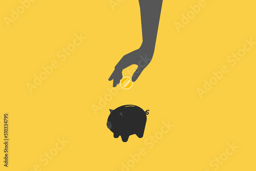 Hand putting coin to piggy bank. saving money, savings, retirement savings, insurance, fund vector concept