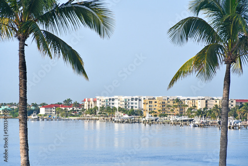 Fototapeta Naklejka Na Ścianę i Meble -  Apartments seen through palm trees along the intracoastal waterway near Lantana beach in South Florida