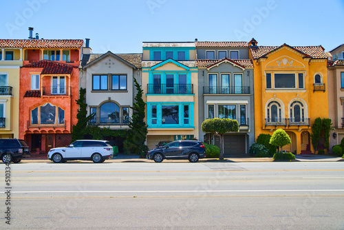 Row of colorful California beach houses