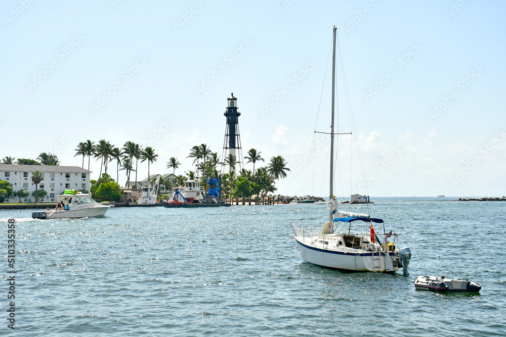 Hillsboro Inlet Lighthouse at Hillsboro Inlet, between Fort Lauderdale and Boca Raton, in Hillsboro Beach, Florida.