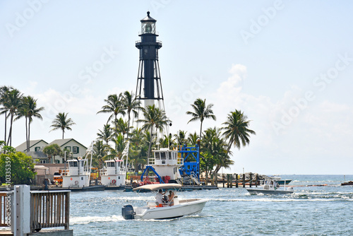 Hillsboro Inlet Lighthouse at Hillsboro Inlet, between Fort Lauderdale and Boca Raton, in Hillsboro Beach, Florida.