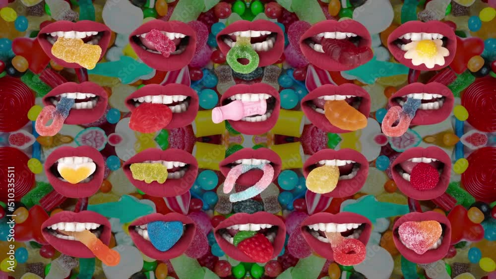 Cutout of womans full red lips with candy sweets Cutout of womans full red lips with candy sweets