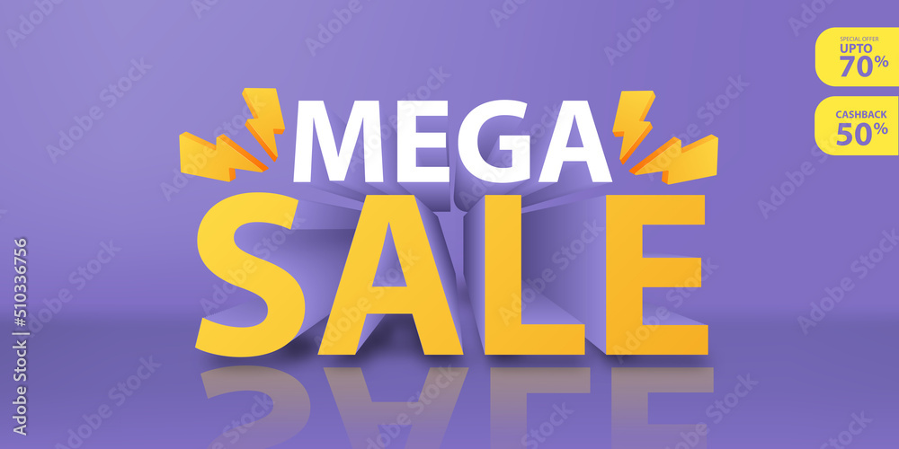 Mega Sale concept 3d with up to 70 percent off and cash back 50 percent