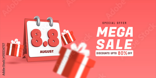 8.8 Mega Sale with 3D Calendar. August sales banner template design for social media and website.