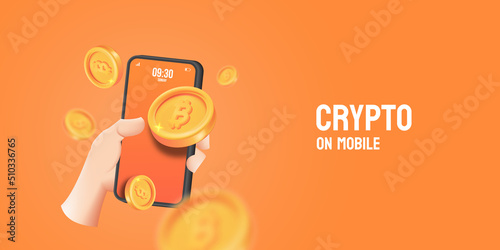 Bitcoin exchange. hand holding mobile smartphone design style web banner with coin cryptocurrency