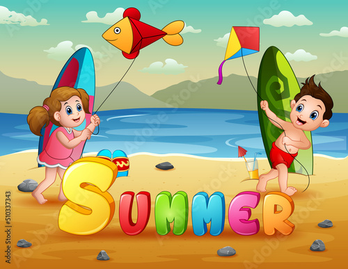 Summer background with kids are playing kite