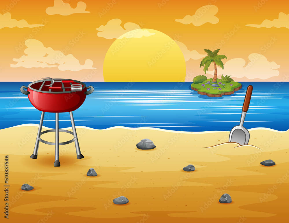 Summer barbecue background on sea coast illustration
