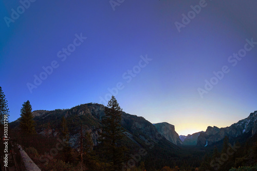 Panorama of Yosemite iconic valley view right before sunrise