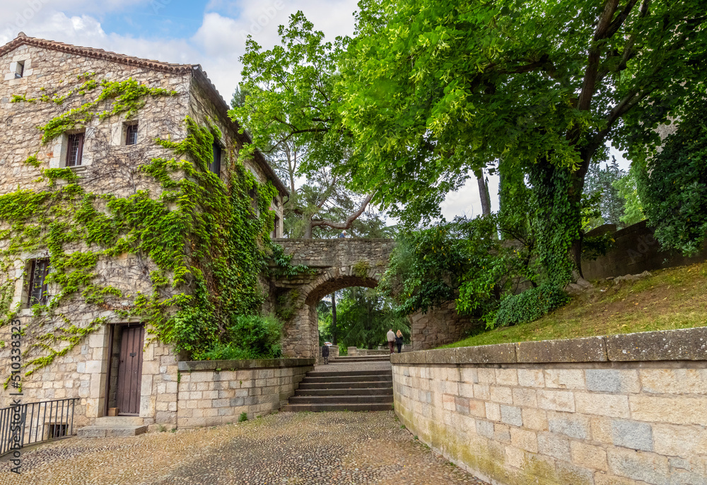 Lush landscaped gardens and grounds inside the medieval town of Girona, Spain, near the Costa Brava on the Southern coast of the Catalonian region of Spain.