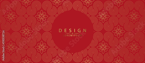 Red design with gold pattern and flowers, round frame isolated