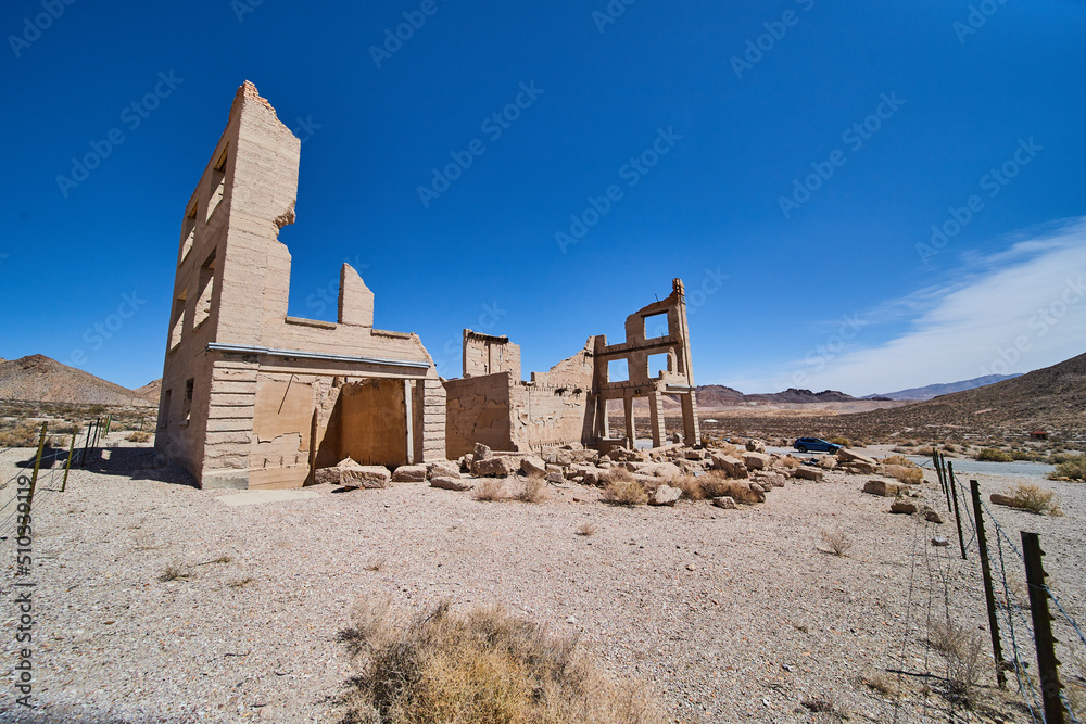 Rhyolite old bank building rubble in desert