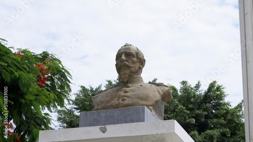 closeup of sculptures and monuments in the main square of Casma - Casma, Peru - April 2022 photo