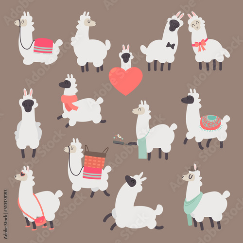 vector illustration of llama collection in cute cartoon style