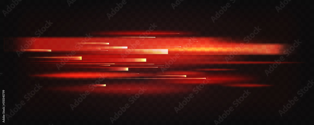 Fire red plazma motion neon lines, sparkle light effect vector illustration. Abstract blur of bright energy laser beams and color trails, dynamic speed shiny rays flow and shine on dark background - obrazy, fototapety, plakaty 