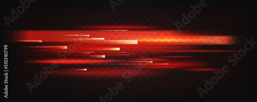 Fire red plazma motion neon lines, sparkle light effect vector illustration. Abstract blur of bright energy laser beams and color trails, dynamic speed shiny rays flow and shine on dark background photo