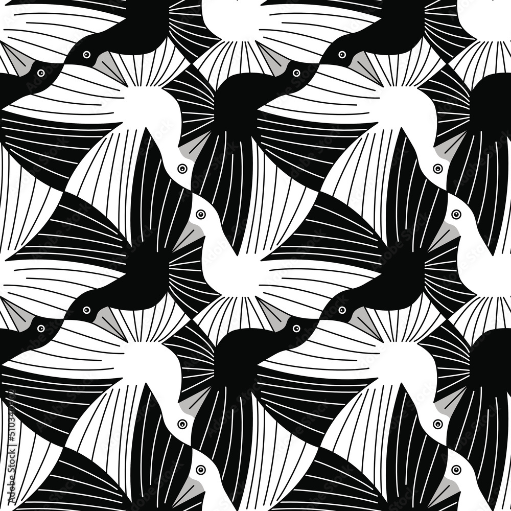 Abstract Black and White Birds Tessellation Pattern