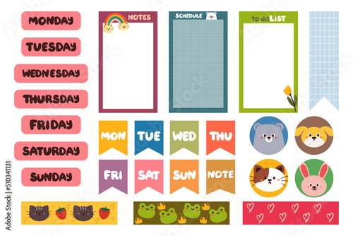 Collection of weekly or daily planner sticker, to do list, stickers templates. School scheduler and organizer