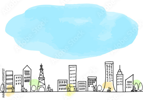 手描きの街並みと人々のシンプル線画イラスト
