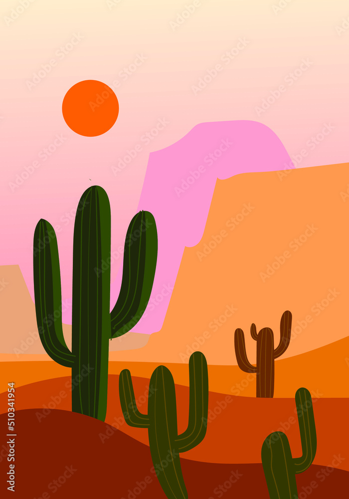 Beautiful mountain,hill,cactus trees landscape vector illustration background. Wide panoramic silhouettes of highlands.