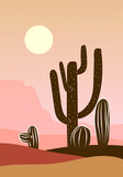 Beautiful mountain,hill,cactus trees landscape vector illustration background. Wide panoramic silhouettes of highlands.