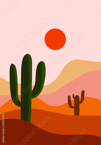 Beautiful mountain,hill,cactus trees landscape vector illustration background. Wide panoramic silhouettes of highlands.