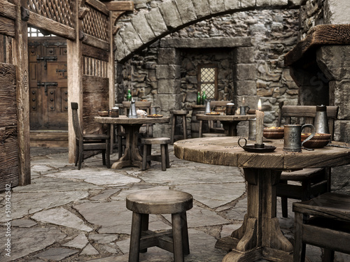 Valokuvatapetti Fantasy medieval tavern inn background. 3d rendering