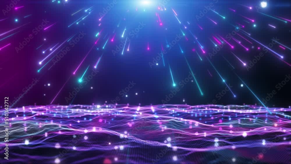 Blue and pink purple meteor shower falls down with glittering particles ...