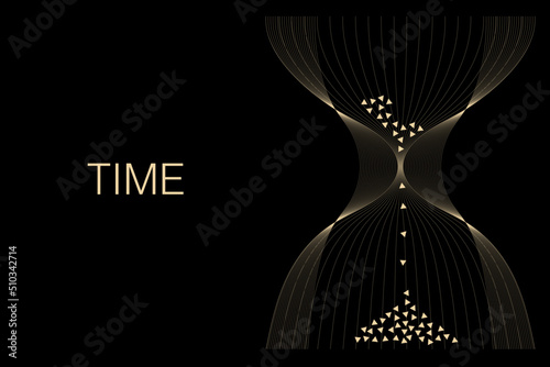Abstract concept of time. Hourglass from gold light lines and diamond  particles flowing isolated on black background. Vector illustration in modern, luxury, elegant colors.