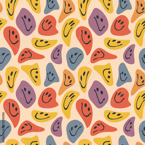 Illustration of a seamless groovy and trippy pattern. Deformed smiles in vintage style.