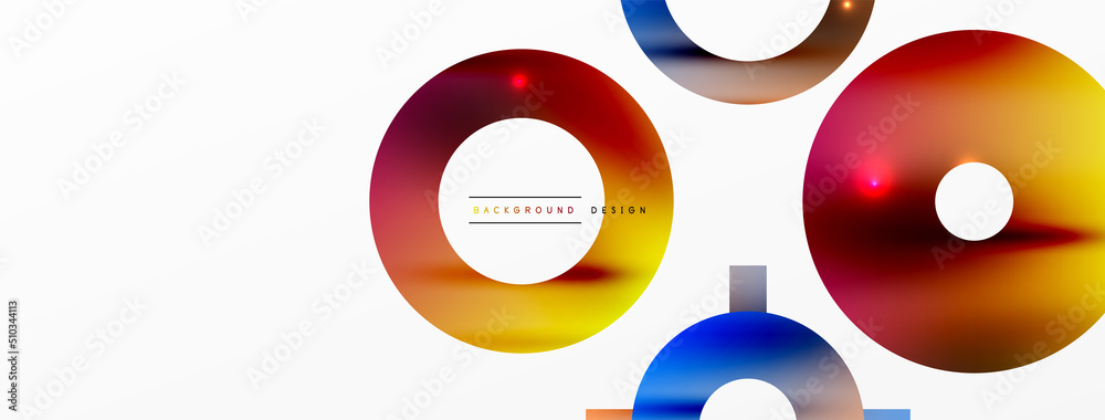 Minimal geometric abstract background. Shiny and glossy circle, line and round shapes design. Trendy techno business template for wallpaper, banner, background or landing