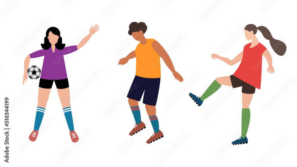 Set of two female and one male soccer players in poses