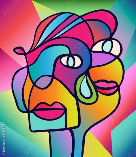 Colorful abstract design of surreal faces portrait. Hand drawn faces with a hint of cubism in funky colors. Concept art can be used for fashion, beauty treatment, health, and mental wellbeing.