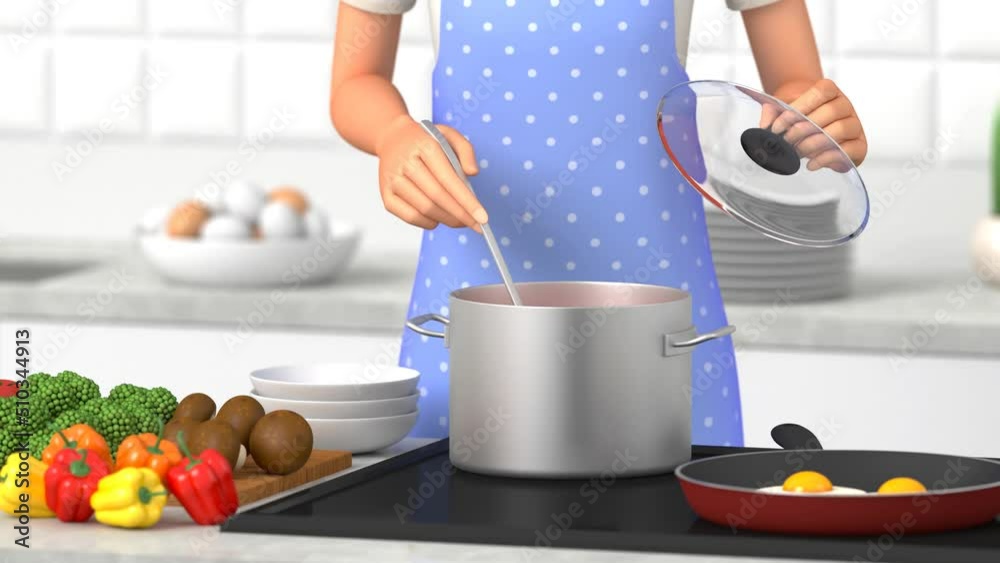 Cooking Process Animation 3D animation - A woman in an apron is cooking. A woman checks the taste ...