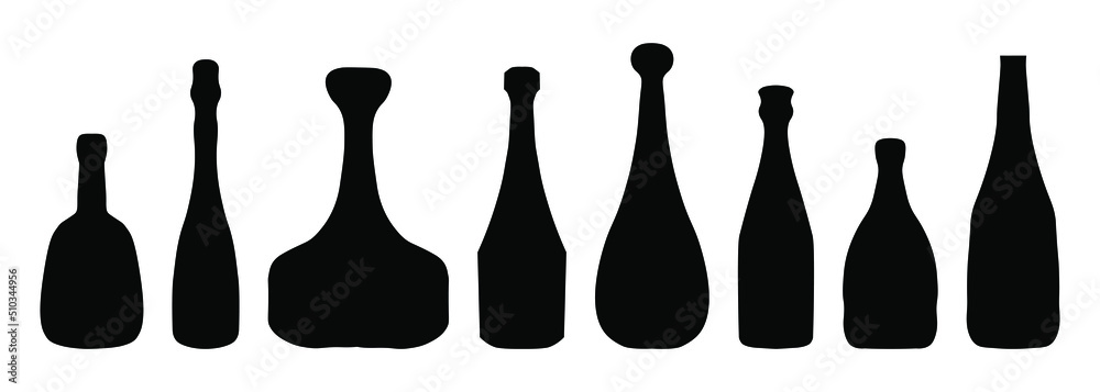 Set of alcohol bottles in silhouette. Bottle shape in one piece Set of alcohol bottles in silhouette. Bottle shape in one piece