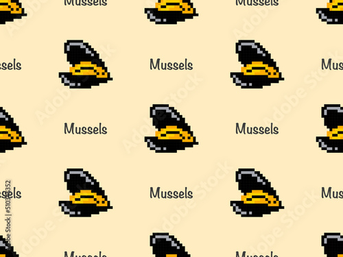 Mussels cartoon character seamless pattern on yellow background. Pixel style